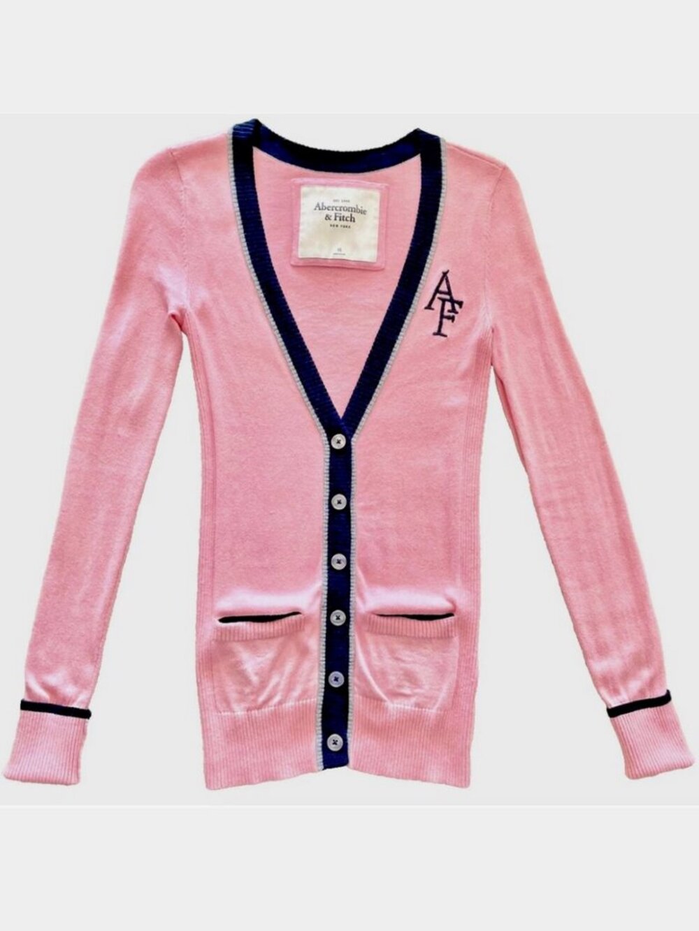 VINTAGE Y2K ABERCROMBIE & FITCH A&F NAVY LOGO PINK CARDIGAN SWEATER WOMENS XS